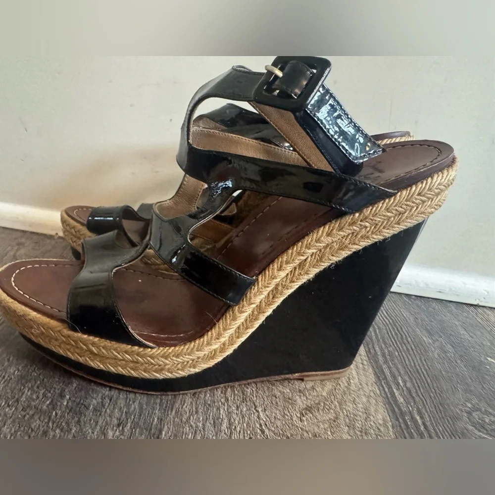 Christian Louboutin Bilbao Black Patent Leather Strap Wedge Sole‎ Sandals 41